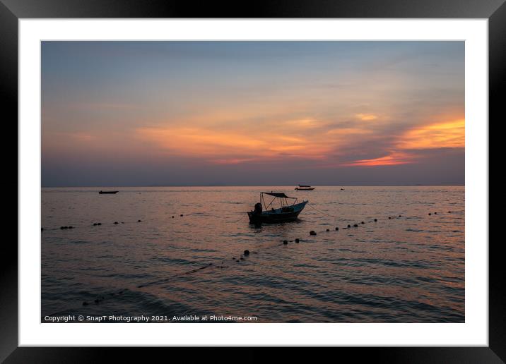 A speed boat at Melina Beach, Tiomen Island, at sunset, Malaysia Framed Mounted Print by SnapT Photography