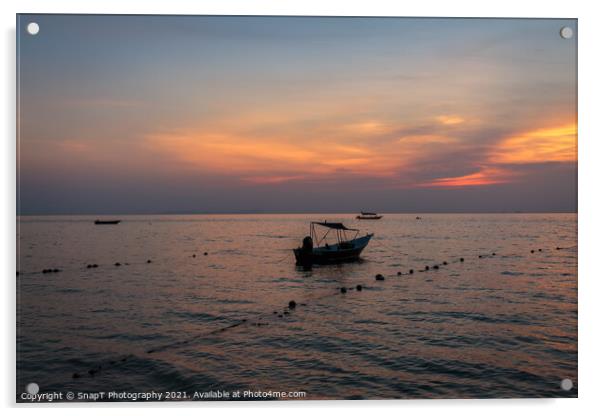 A speed boat at Melina Beach, Tiomen Island, at sunset, Malaysia Acrylic by SnapT Photography