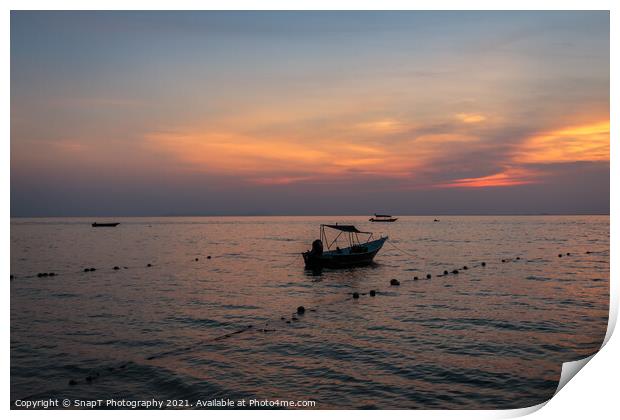 A speed boat at Melina Beach, Tiomen Island, at sunset, Malaysia Print by SnapT Photography