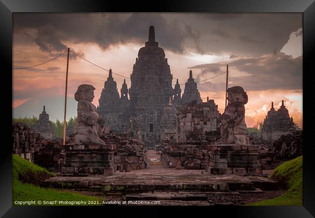 Prambanan hindu temple at sunset in Yogyakarta, Indonesia Framed Print by SnapT Photography