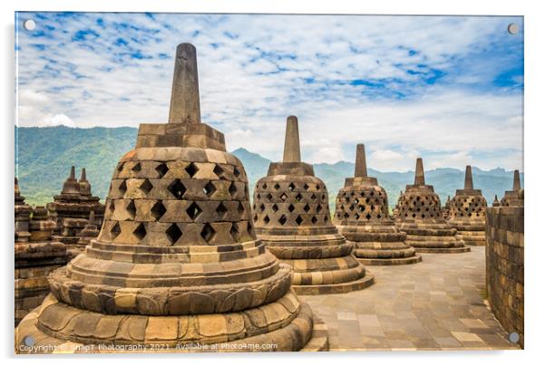 Stupas that look like bells on top of the Borobudur Buddhist temple, Indonesia Acrylic by SnapT Photography