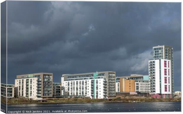 Cardiff Bay Apartments under late afternoon sunlig Canvas Print by Nick Jenkins