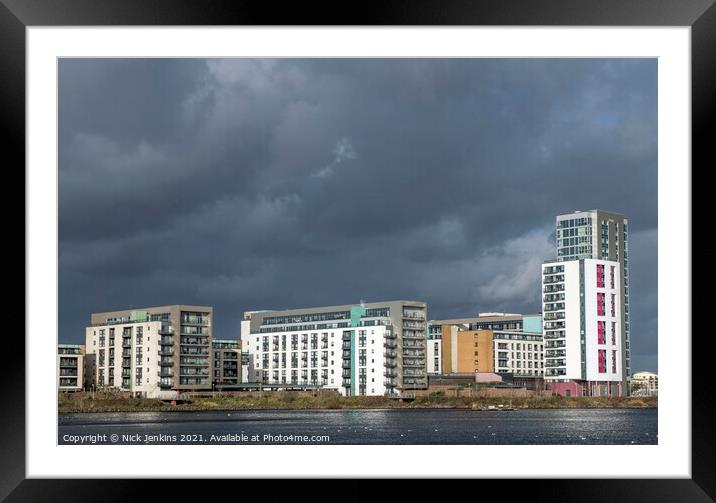 Cardiff Bay Apartments under late afternoon sunlig Framed Mounted Print by Nick Jenkins