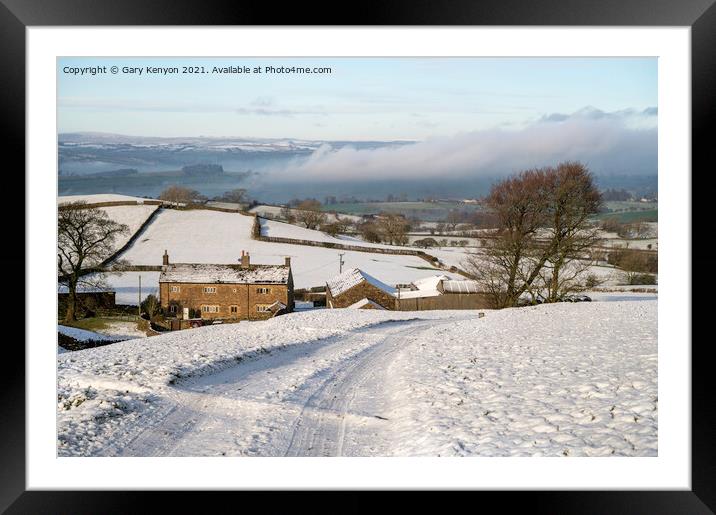 Snowy view of a Lancashire Farmhouse Framed Mounted Print by Gary Kenyon