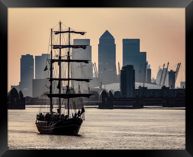 Tall Ship on the Thames at Sunset Framed Print by Simon Belcher
