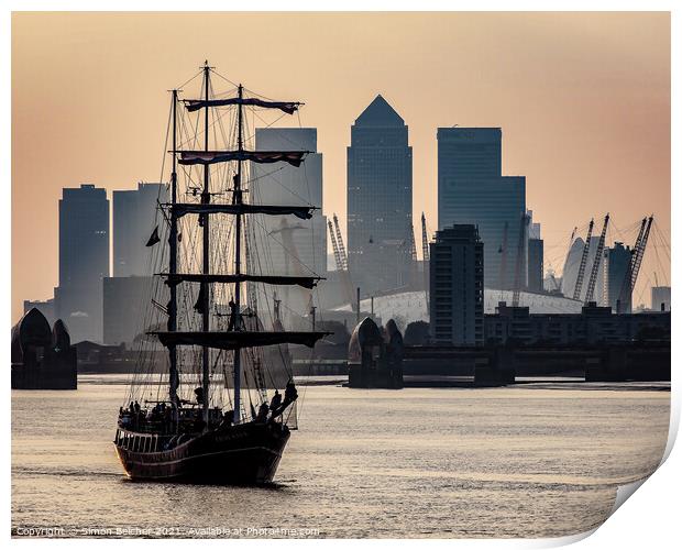Tall Ship on the Thames at Sunset Print by Simon Belcher