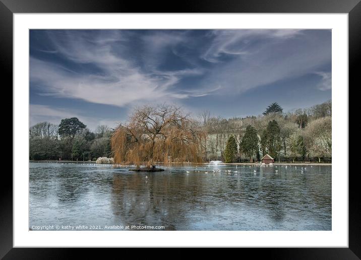 weeping willow  cornwall boating lake,Early mornin Framed Mounted Print by kathy white