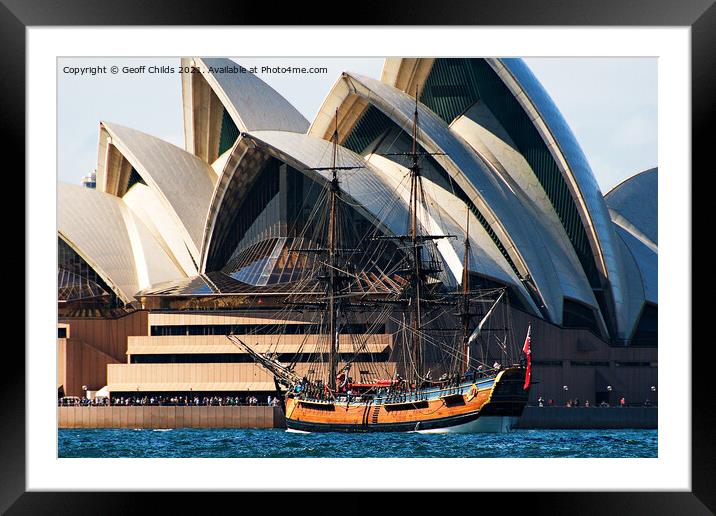 Tall Ship Endeavour and Sydney Opera House. Framed Mounted Print by Geoff Childs