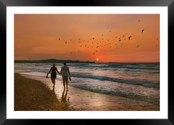 Lovers Stroll along the Beach at Sunset Framed Mounted Print by Dave Williams