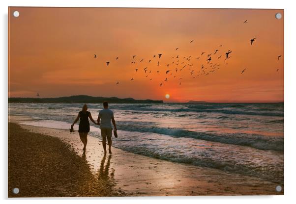 Lovers Stroll along the Beach at Sunset Acrylic by Dave Williams