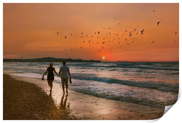 Lovers Stroll along the Beach at Sunset Print by Dave Williams
