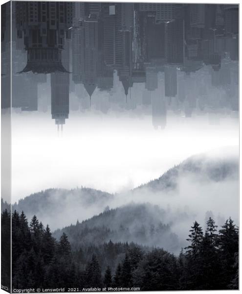 Urban sky over misty forest Canvas Print by Lensw0rld 