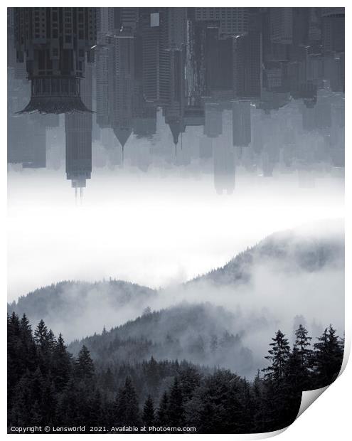 Urban sky over misty forest Print by Lensw0rld 