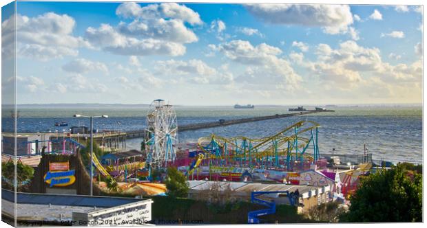 Seafront at Southend on Sea overlooking 'Adventure Island' and the pier. Canvas Print by Peter Bolton