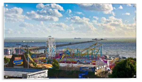 Seafront at Southend on Sea overlooking 'Adventure Island' and the pier. Acrylic by Peter Bolton