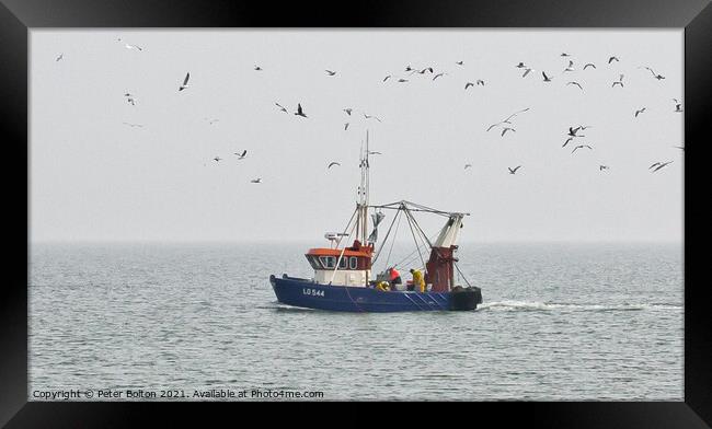 Fishing boat 'Lilley G' leaving Southend on Sea,  in the Thames Estuary Framed Print by Peter Bolton
