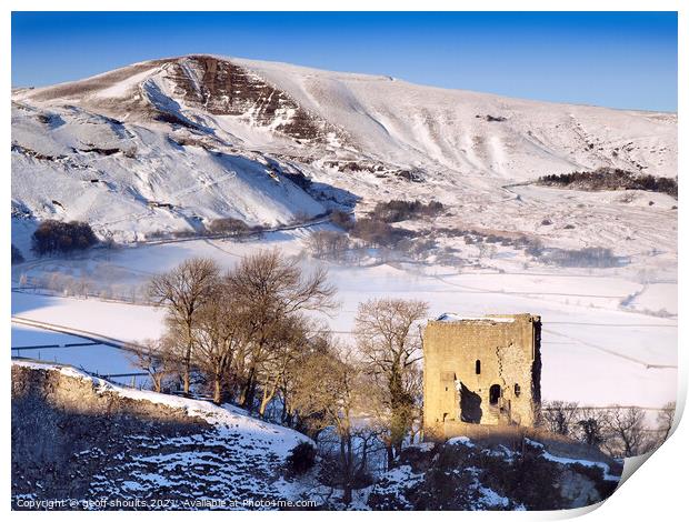 Peveril Castle and Mam Tor Print by geoff shoults