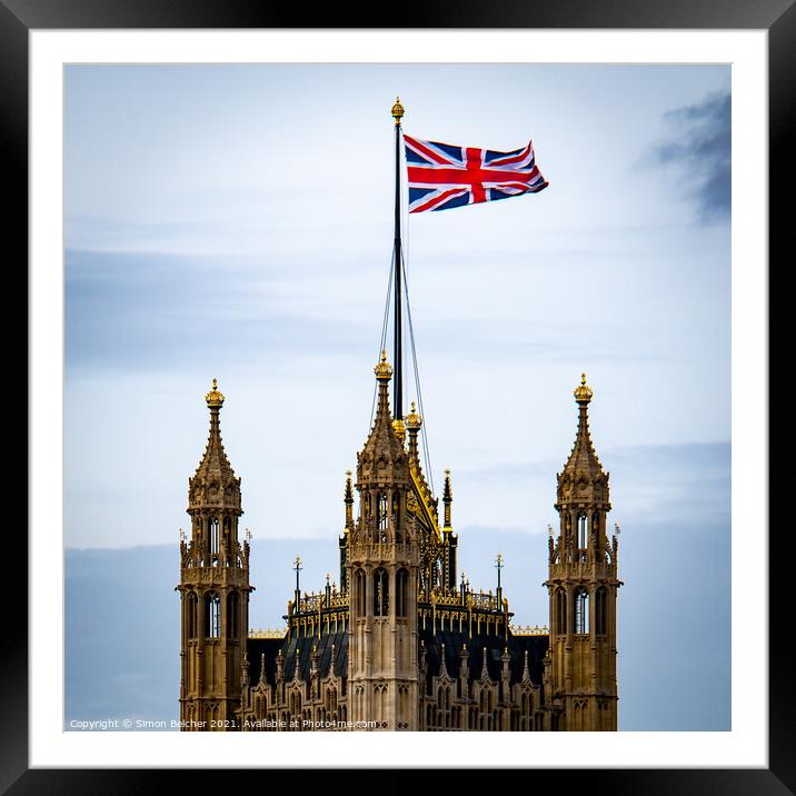 Union Flag over Parliament Framed Mounted Print by Simon Belcher