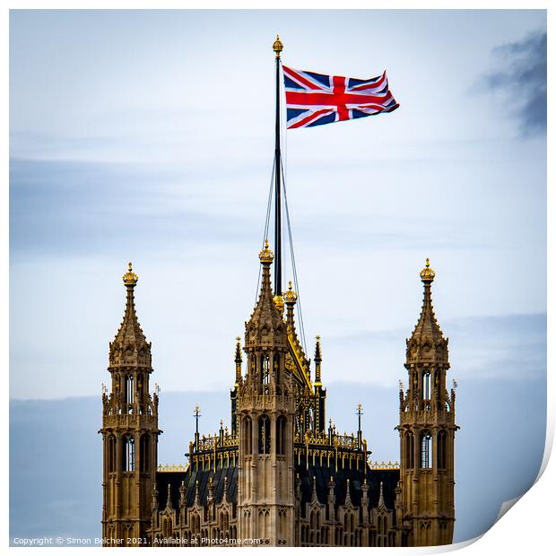Union Flag over Parliament Print by Simon Belcher