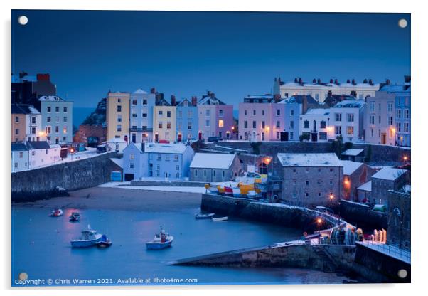 Winter snow Tenby Harbour at twilight Acrylic by Chris Warren