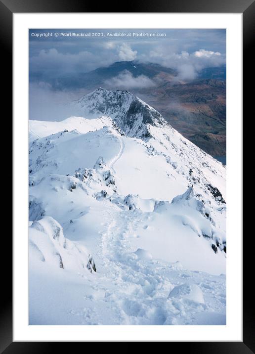 Footprints in Snow on Crib Goch Snowdonia Framed Mounted Print by Pearl Bucknall