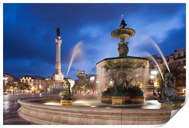 Fountain on Rossio Square in Lisbon by Night Print by Artur Bogacki