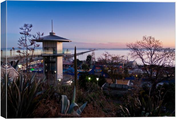 Evening view of the front at Southend on Sea showing observation tower and Adventure Island. Canvas Print by Peter Bolton