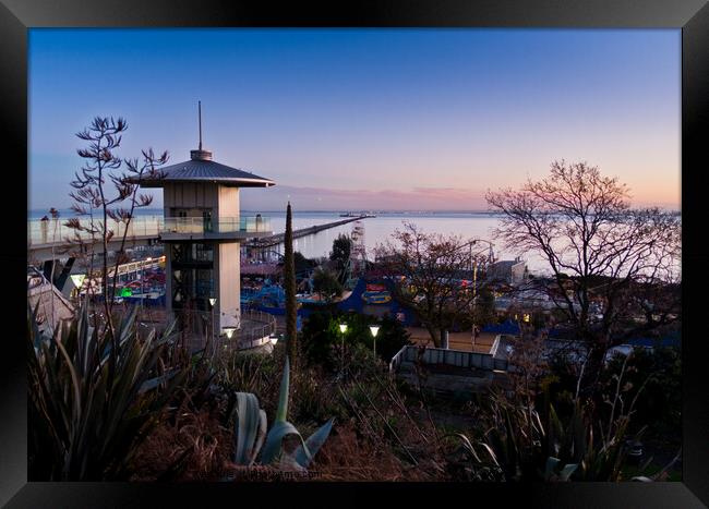Evening view of the front at Southend on Sea showing observation tower and Adventure Island. Framed Print by Peter Bolton