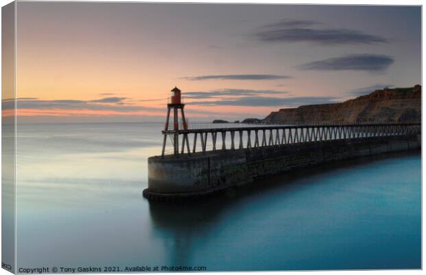 Sunrise, East Pier, Whitby North Yorkshire Canvas Print by Tony Gaskins