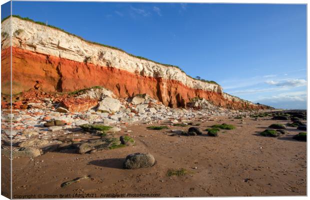 Red rock cliffs on Hunstanton beach Norfolk UK Canvas Print by Simon Bratt LRPS