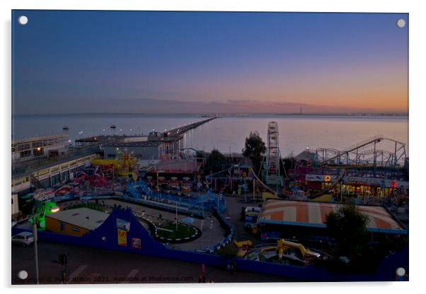 Evening view of the seafront at Southend on Sea showing 'Adventure Island' and the pier. Acrylic by Peter Bolton