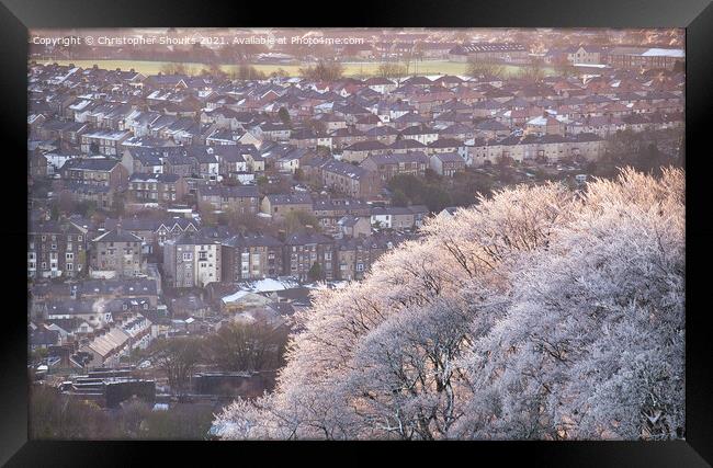 Snowy town during morning light, Buxton Framed Print by Christopher Shoults