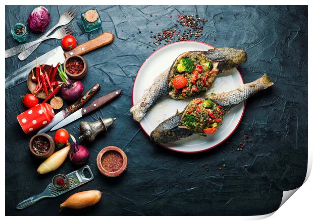 Tasty baked whole fish Print by Mykola Lunov Mykola