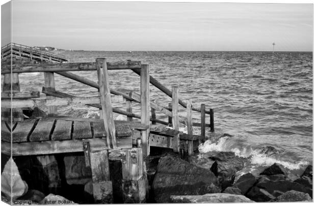 Steps to the beach covered at high tide at East Beach, Shoeburyness, Essex, UK. Canvas Print by Peter Bolton