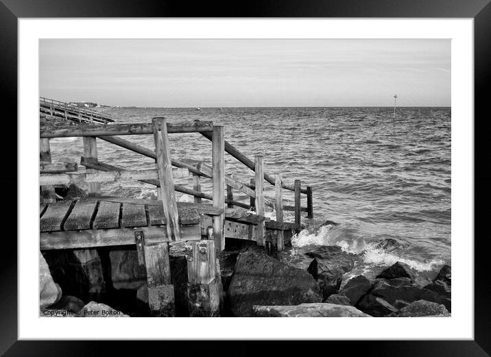 Steps to the beach covered at high tide at East Beach, Shoeburyness, Essex, UK. Framed Mounted Print by Peter Bolton