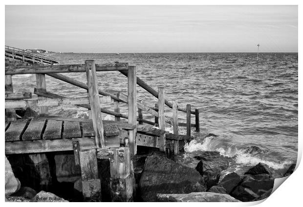 Steps to the beach covered at high tide at East Beach, Shoeburyness, Essex, UK. Print by Peter Bolton