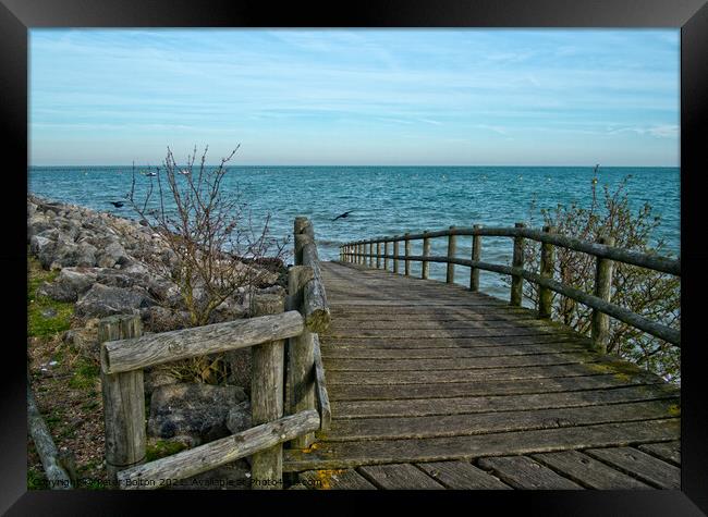 Wooden walkway leading to East Beach at Shoeburyness, Essex, UK. Framed Print by Peter Bolton