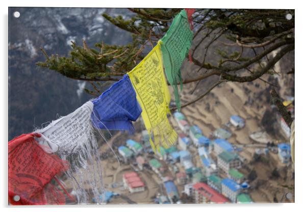 Namche Bazaar with Buddist Prayer Flags Acrylic by Christopher Stores