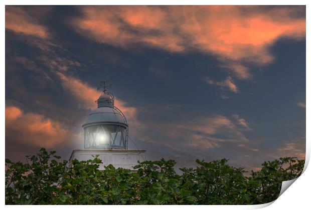 maritime lighthouse lit with sunset sky Print by David Galindo