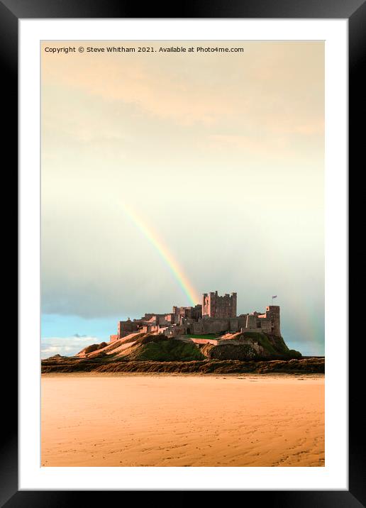 Bamburgh Castle Rainbow. Framed Mounted Print by Steve Whitham