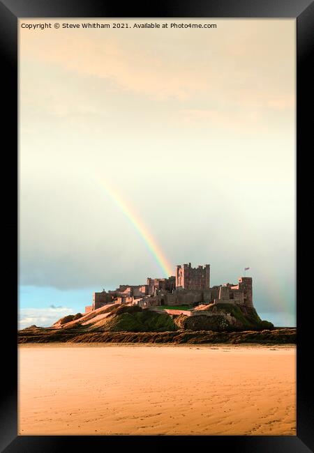 Bamburgh Castle Rainbow. Framed Print by Steve Whitham