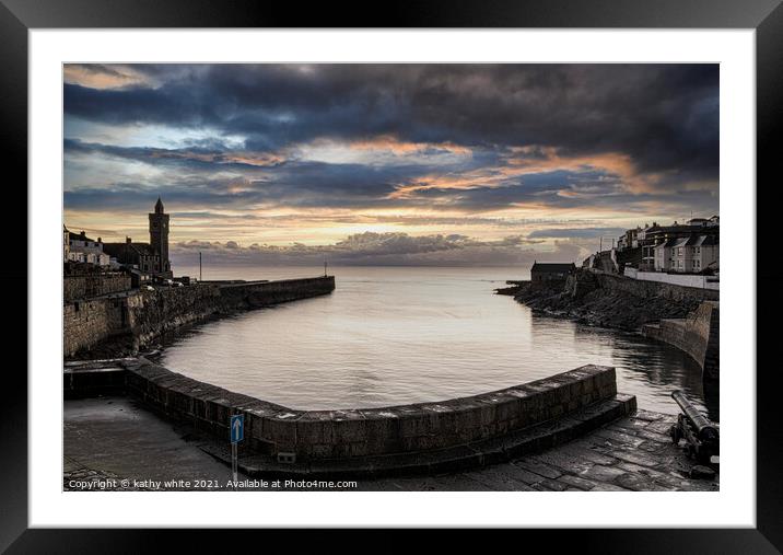 Porthleven Cornwall at sunset,Porthleven Harbour Cornwall Framed Mounted Print by kathy white