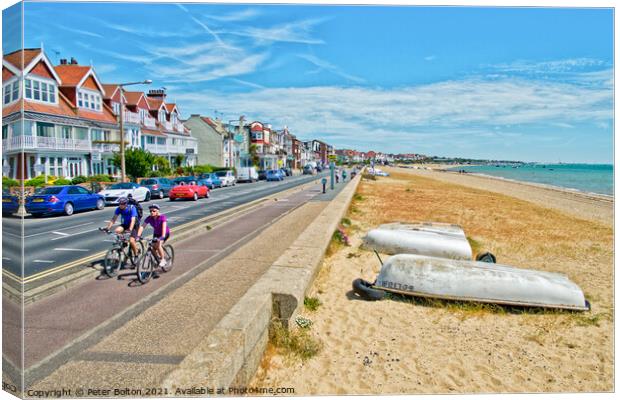 Seafront and beach at Thorpe Bay, Essex, UK. Canvas Print by Peter Bolton