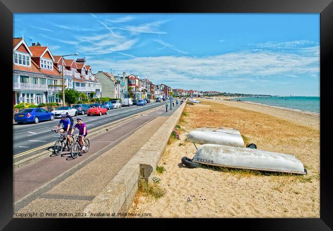 Seafront and beach at Thorpe Bay, Essex, UK. Framed Print by Peter Bolton