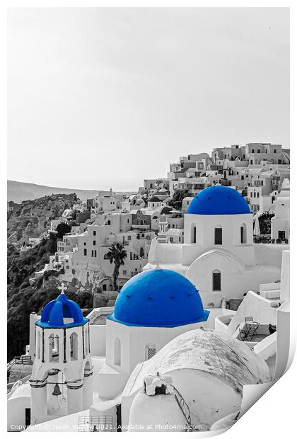 Blue Domed Churches of Santorini Print by Jason Beattie