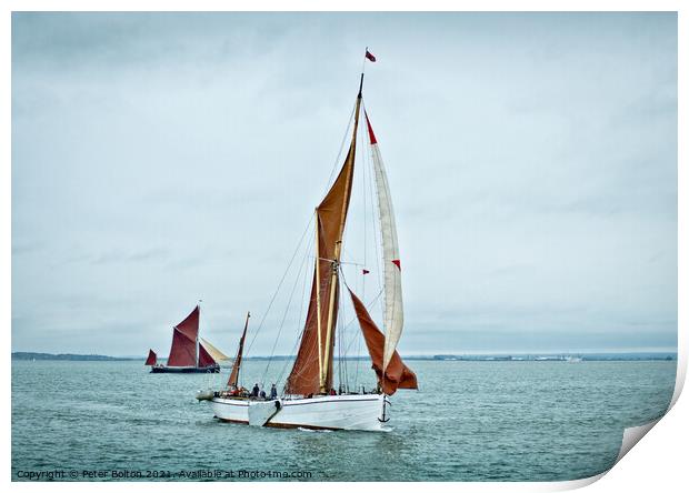 Sailing barges 'Niagara' and 'Paragon' racing on the Thames Estuary off Southend on Sea, Essex, UK. Print by Peter Bolton