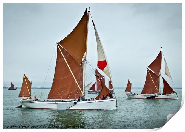 Thames sailing barges racing off Southend on Sea, Thames Estuary, Essex. Print by Peter Bolton