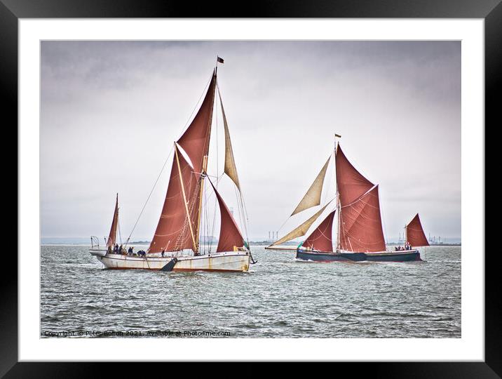 'Reminder' and 'Marjorie' Thames sailing barges racing off Westcliff on Sea in the Thames Estuary Framed Mounted Print by Peter Bolton