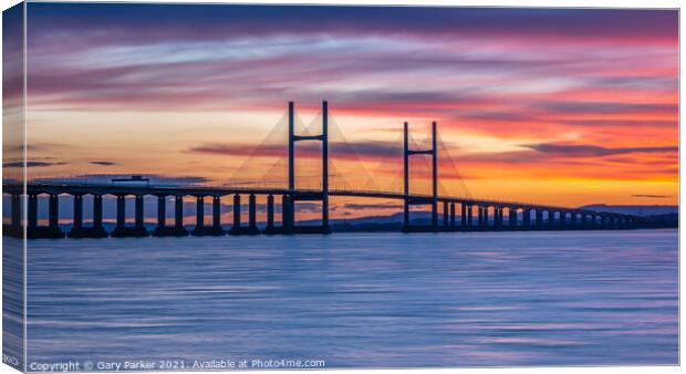Severn Bridge crossing from England to Wales, at sunset.  Canvas Print by Gary Parker