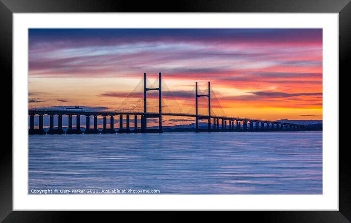 Severn Bridge crossing from England to Wales, at sunset.  Framed Mounted Print by Gary Parker